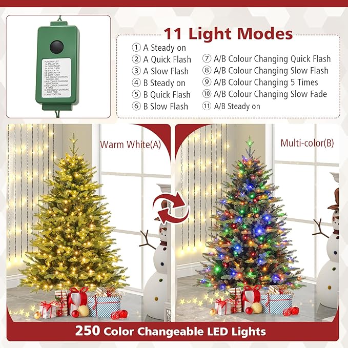 GOFLAME 5FT Prelit Artificial Christmas Tree, Hinged Christmas Tree with 250 LED Lights, 11 Lighting Modes, 844 PE & PVC Branch Tips, Holiday Decoration Tree with Remote, Timer, Adjustable Brightness