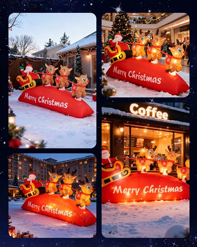 10 FT Christmas Inflatable Santa Sleigh with 3 Reindeer Outdoor Decoration, Blow Up Yard Decor with Bright LED Lights, Santa Claus Xmas Decor for Garden Lawn Backyard