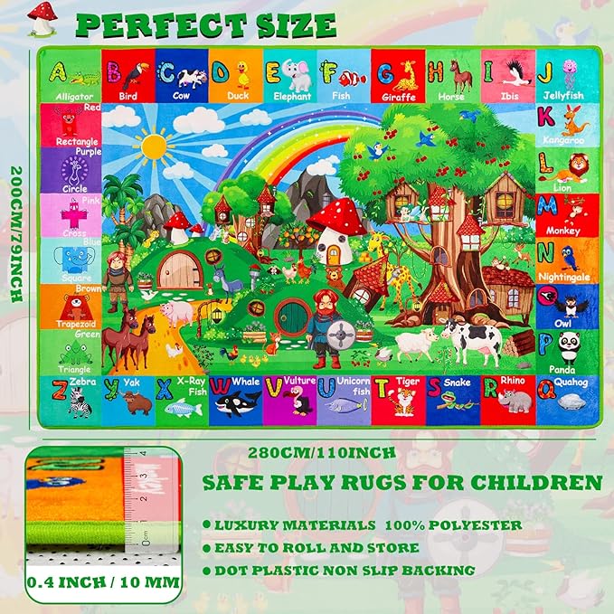 ABC Kids Rug for Playroom 110" ×78.7" Hobbit House Educational Kids Playmat Alphabet Animal & Shape Learning, Premium Non-Slip Playmat for Toddlers Letters Farm Animals Color Foam Classroom Carpet