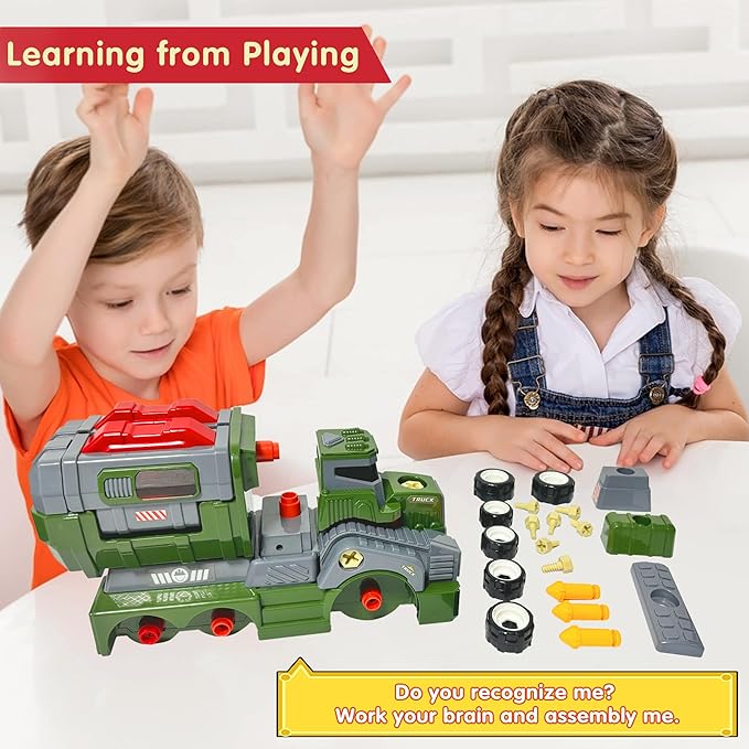 11inches Large Take Apart Toys Army Trucks for Boys Girls Kids 3-5 6-8 Year Old Military Missile Vehicles Electric Drill Set Assembly Toy Gifts