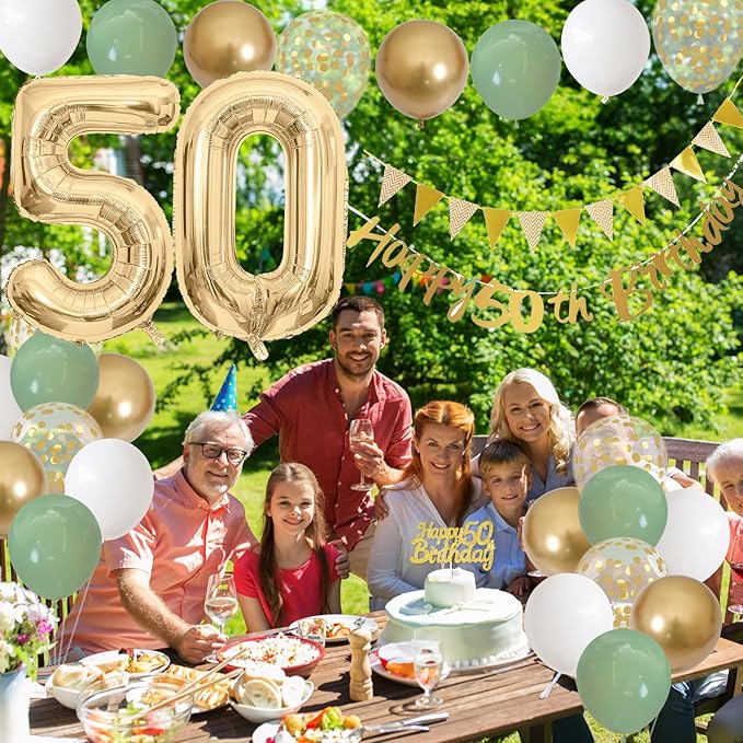 50th Birthday Decorations for Men Women, Sage Green White Gold Balloons with 50th Banner Number 50 Balloon for 50 Year Old Birthday Party Decor