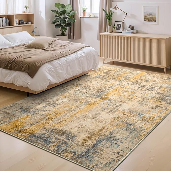 Ompaa Living Room Rug 8x10 Beige Area Rugs Machine Washable Abstract Boho Large Carpet Non-Slip Non-Shedding Faux Wool Indoor Vintage Rug for Bedroom, Classroom, Dining Room, Kids Playroom