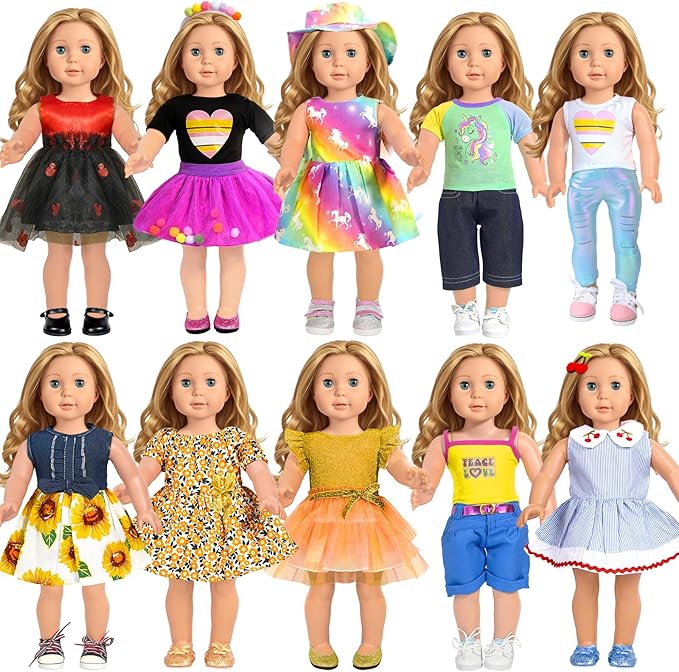 18 inch Doll Clothes Accessories, ARTST 18PCS Doll Clothes Outfit Dress for 18 inch, Xmas Gift for Girls(10 Set)