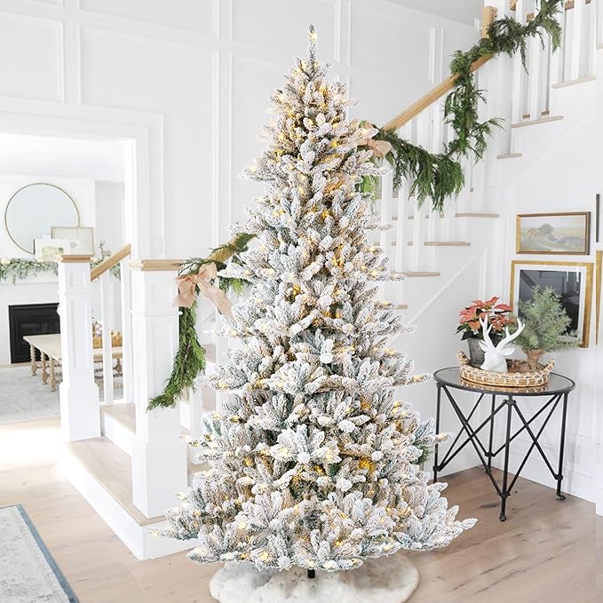 Glitzhome 9ft Pre-Lit Snow Flocked Fir Artificial Christmas Tree, Holiday Xmas Tree with 650 Warm White Lights and Sturdy Metal Stand for Home, Office, Party Decoration