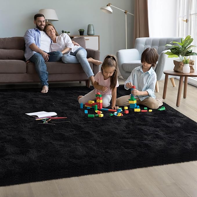 5x8 Fluffy Soft Black Rug for Living Room Bedroom, Large Area Rugs Super Soft Shaggy Carpet for Classroom Kids Babys Playroom Toddler Nursery Dorm Home Decor, Modern Indoor Non Slip Rug