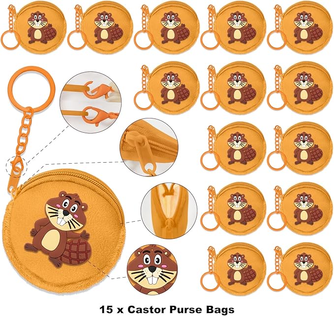 15 Pack Beaver Coin Purses with Keyring for Safari Party, Jungle Baby Shower, Wild Animal Themed Kids Birthday, Wild ONE First Birthday, Castor Gender Reveal,Khaki