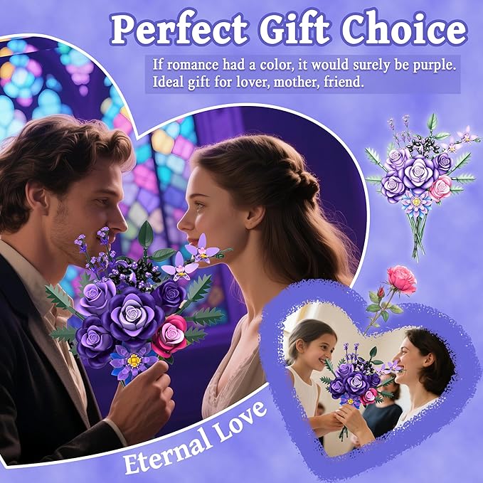 Purple Roses Flower Bouquet Building Sets, 834PCS Artificial Flowers Botanical Collection Compatible with Lego Flowers for Adults Gothic Decor, Gifts for Christmas Valentines Day