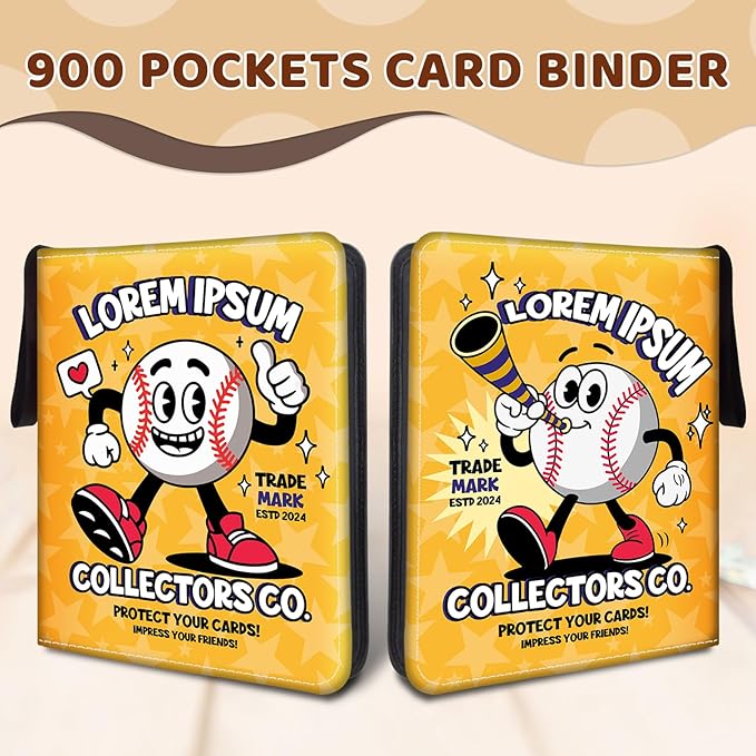 900 Pocket Baseball Card Binder, Trading Card Storage Album with 50 Durable 9-Pocket Pages, Baseball Design on Pocket Card Packs, Christmas Birthday Gifts for Zipper Closure Collector's Album