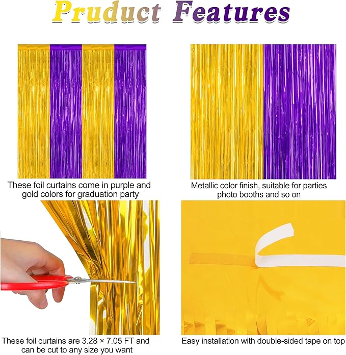 2 Pack Graduation Backdrop, 3.28 FT x 7.05 FT Grad Party Decorations 2025, Purple Gold Backdrop Foil Fringe Curtains, Metallic Purple and Gold Graduation Decorations Class of 2025 Decor