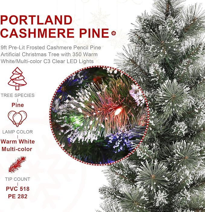 Glitzhome 9ft Prelit Christmas Tree, Artificial Christmas Trees, Portland Cashmere Pine Pencil Tree with 350 Warm White/Multi-Color C3 Clear LED Lights, 9 Function w/Remote Control, Easy Assembly