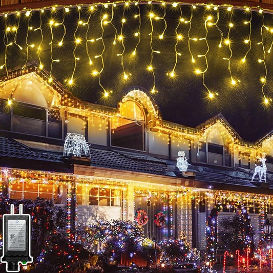 66FT 670 LED Christmas Lights 148 Ice Drops, 12 Modes and Timer Memory Dimmable, Outdoor Waterproof Hanging String Light for Xmas Holiday Wedding Garden Fence House Tree Outside Decor (Warm White)