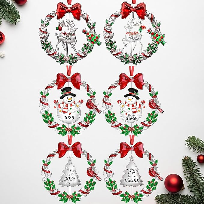 3pcs Christmas Ornament 2025 for Christmas Tree Decorations, Dated 2025 Christmas Wreath Tree Ornament with Rotatable Snowman/Tree/Deer for Xmas Holiday Metal Decorative Keepsake Gift