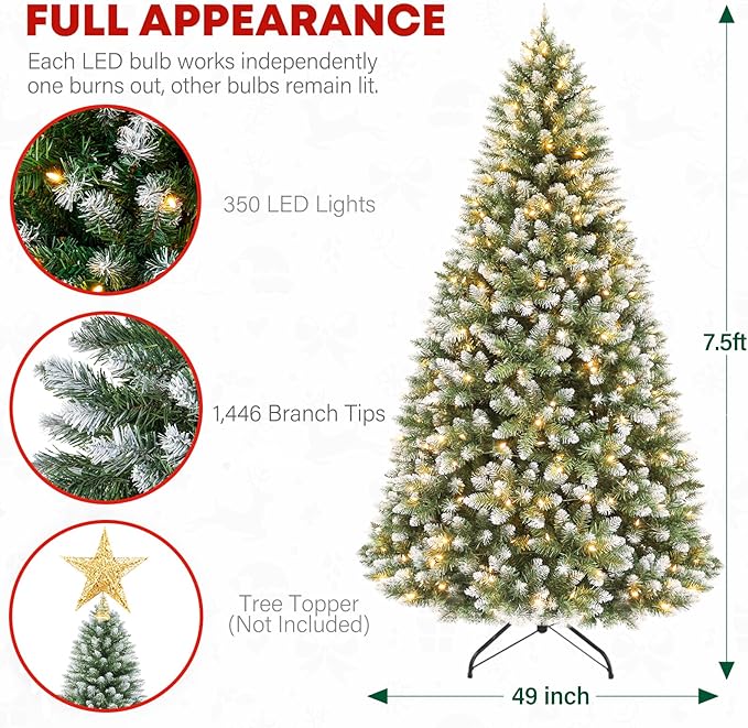 7.5 ft Lighted Artificial Christmas Tree, 350 Warm White Lights, 1446 PVC Branch Tips, Premium Stand, Easy Assembly for Indoor Holiday Decorating