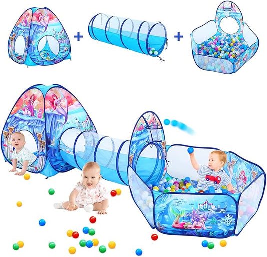 3 in 1 Kids Mermaid Play Tent for Toddler with Baby Ball Pit and Play Tunnel, Children Indoor Outdoor Playhouse with Crawling Tunnel Toy for Toddlers (3pc Mermaid Ball Pit)
