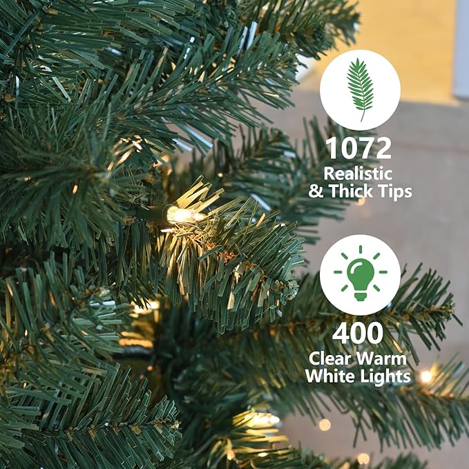 7ft Per-Lit Artificial Christmas Tree with 400 Warm White Lights, Premium Full Hinged Prelight Christmas Tree with 1072 Steel Branch Tips, Green Xmas Tree for Easy Holiday Setup,Foldable Base