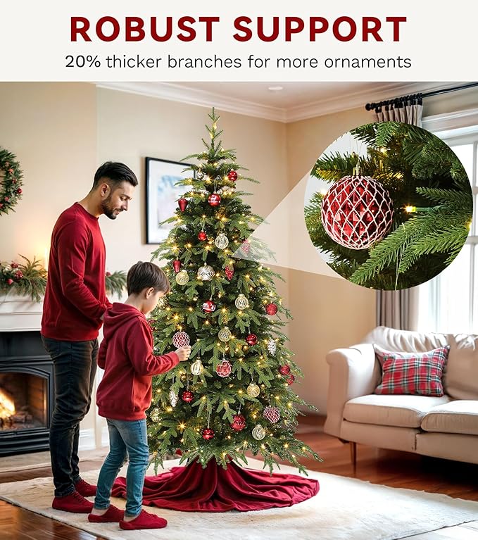 DWVO 7.5ft Prelit Christmas Tree with Lights, Full Downswept Artificial Fir Twinkle Christmas Tree with 2199 Metal Hinged Flame Resistant PE & PVC Branches and 400 Lights 11 Modes Remote Controlled