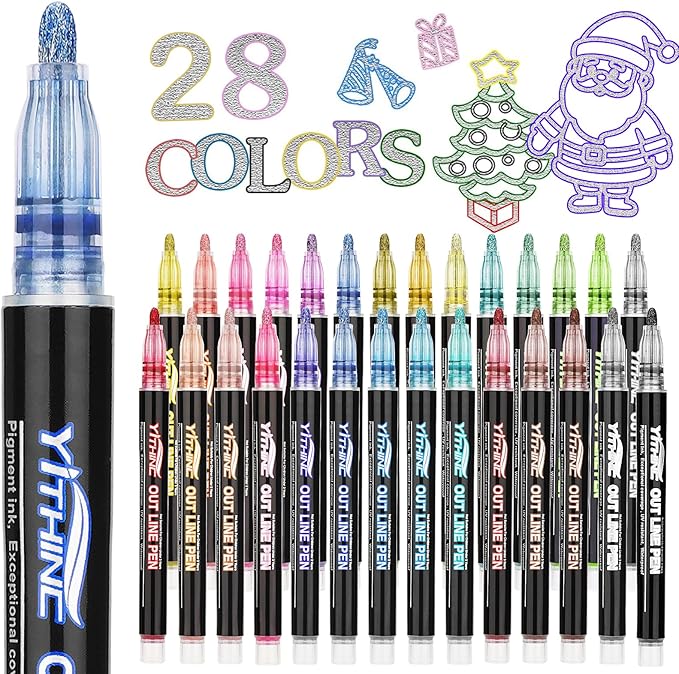 Outline Shimmer Markers, Christmas Stocking Stuffers for Tween Teen Girls Gifts Trendy Stuff, 28 Glitter Metallic Gel Pens Coloring, Arts Crafts Supplies Kits for Kids Boys Ages 4, 6, 8, 10, 12