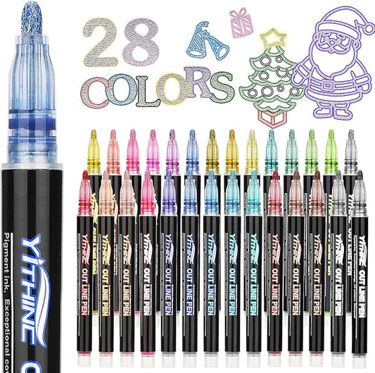 Outline Shimmer Markers, Christmas Stocking Stuffers for Tween Teen Girls Gifts Trendy Stuff, 28 Glitter Metallic Gel Pens Coloring, Arts Crafts Supplies Kits for Kids Boys Ages 4, 6, 8, 10, 12
