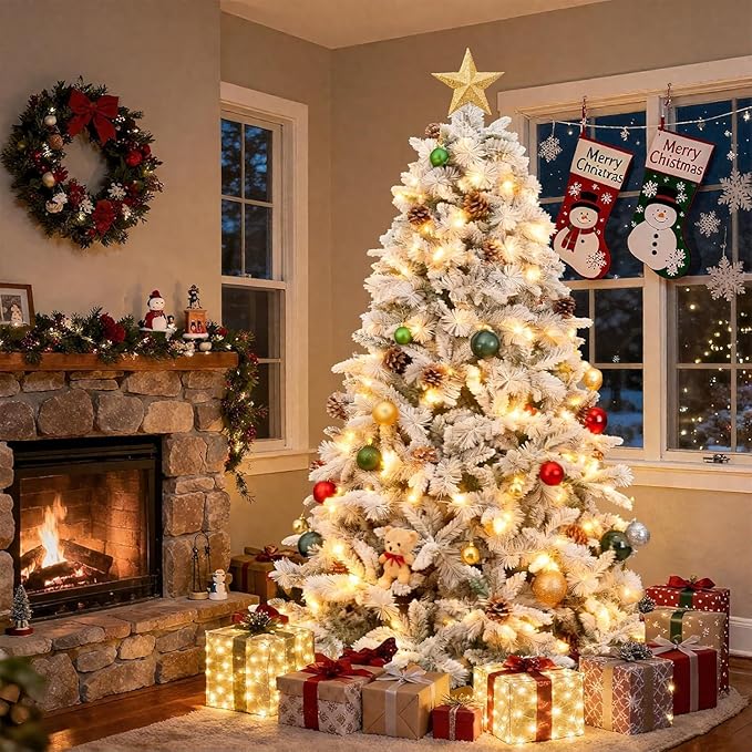 6ft Snow-Flocked Artificial Christmas Tree, LED pre-lit Holiday Xmas Tree for Home Office Party Decoration with 860 PE&PVC Hinged Branch Tips and 300 Warm White Lights, Foldable Stand