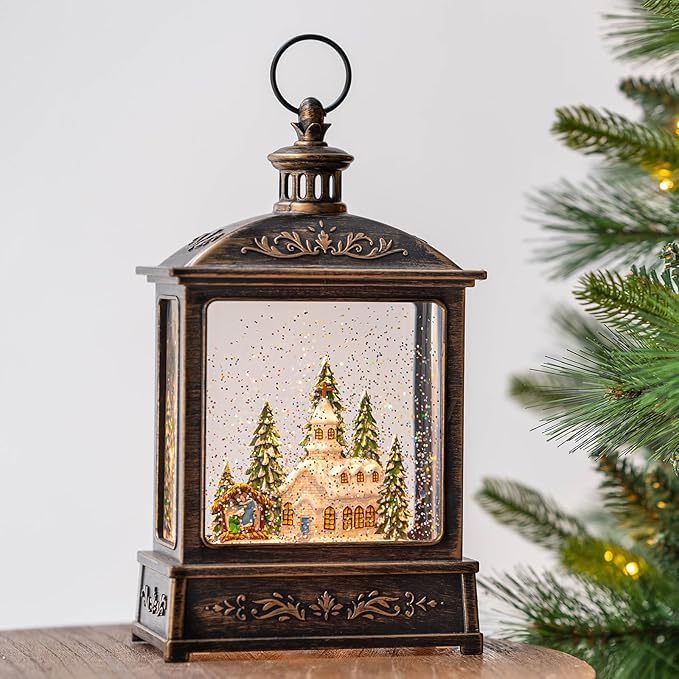 12.5'' Musical Snow Globe Lantern Lighted Church with Nativity Manger Scene Water Lantern in Swirling Glitter, Christmas Home Decoration and Gift, Battery Operated or USB Powered