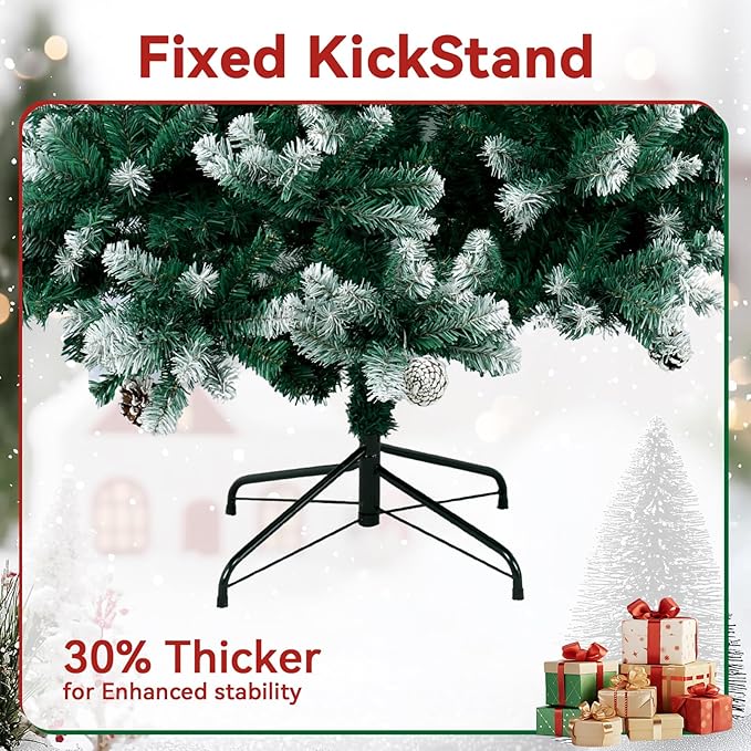 6FT Lighted Snow Christmas Tree, Partially Frosted Xmas Pine Tree with Pine Cones, White LED Lights, 800 PVC Branch Tips, Metal Stand and Hinged Branches for Home, Party Decoration