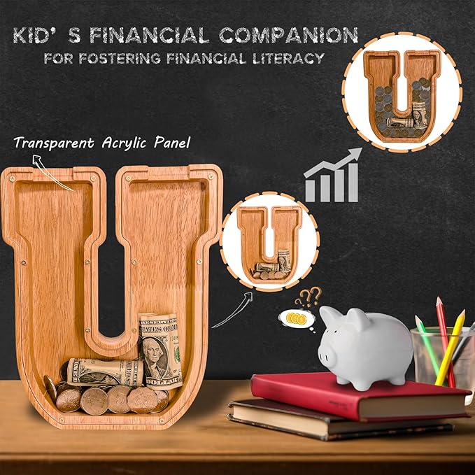 Personalized Wooden Letter Piggy Bank for Kids Larger Letter Piggy Bank for Boys and Girls Initial Coin Bank Customized Piggy Bank Perfect Wood Kids Money Bank for Birthday and Festival
