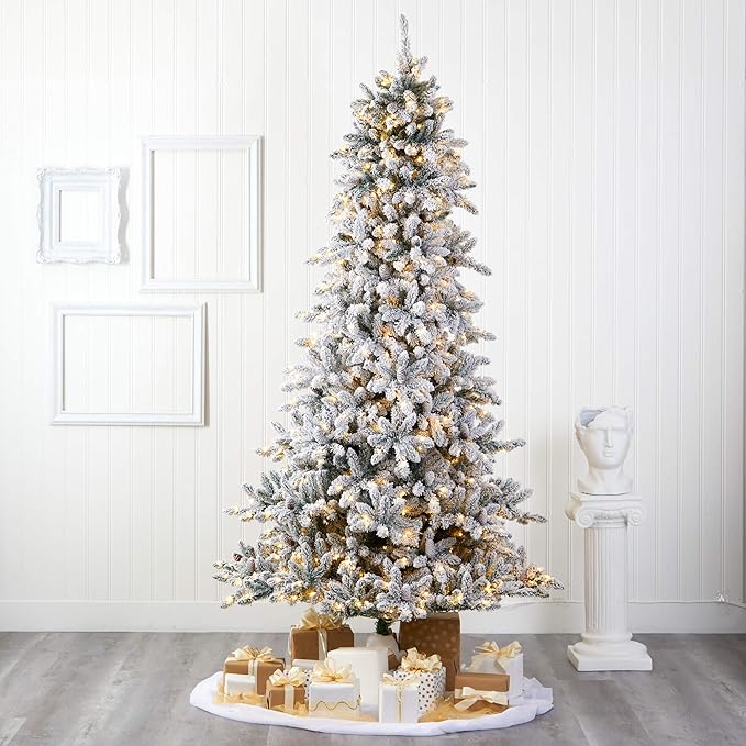 Nearly Natural 9ft. Flocked Livingston Fir Artificial Christmas Tree with Pine Cones and 650 Clear Warm LED Lights