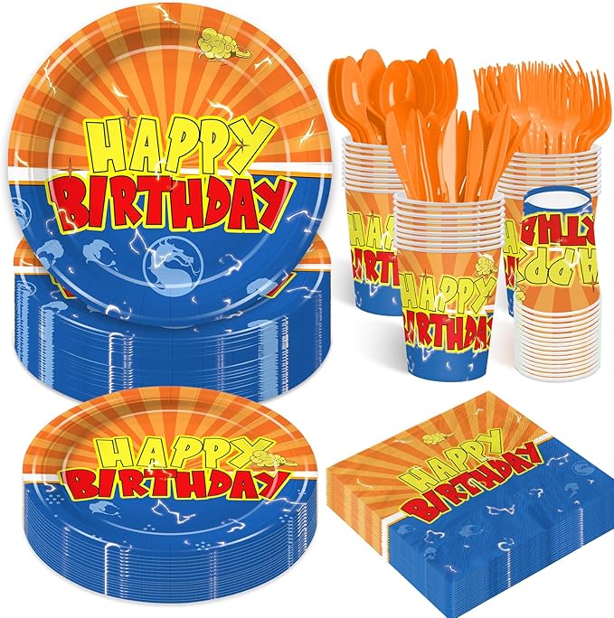 168Pcs Anime Theme Party Supplies Blue and Orange Dragon Paper Plates and Napkins Cartoon Anime Birthday Decoration Tableware Set for Kids Boys 24 Guests Birthday Party
