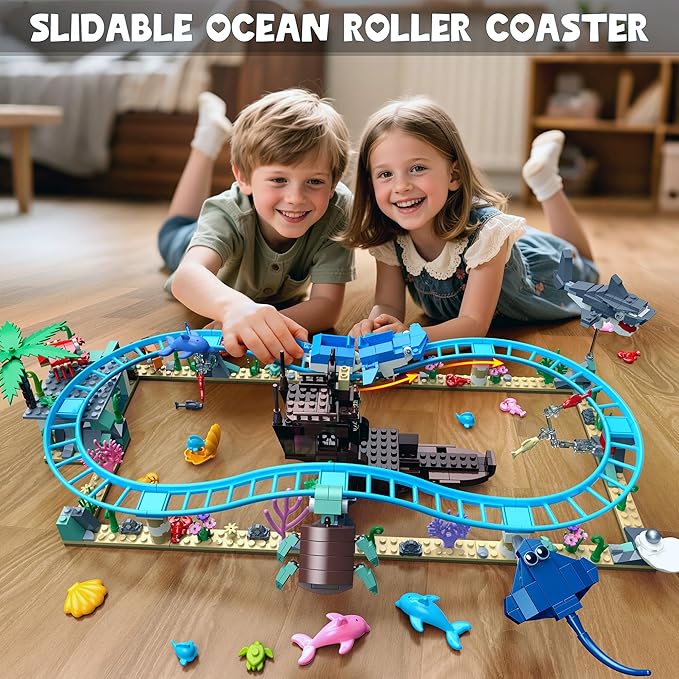 Ocean Roller Coaster Adventure Park Building Set, Friends Blocks Kit with Submarine & Dolphins Railcar Rollercoaster, Gift for Kids Birthday Children's Day Christmas