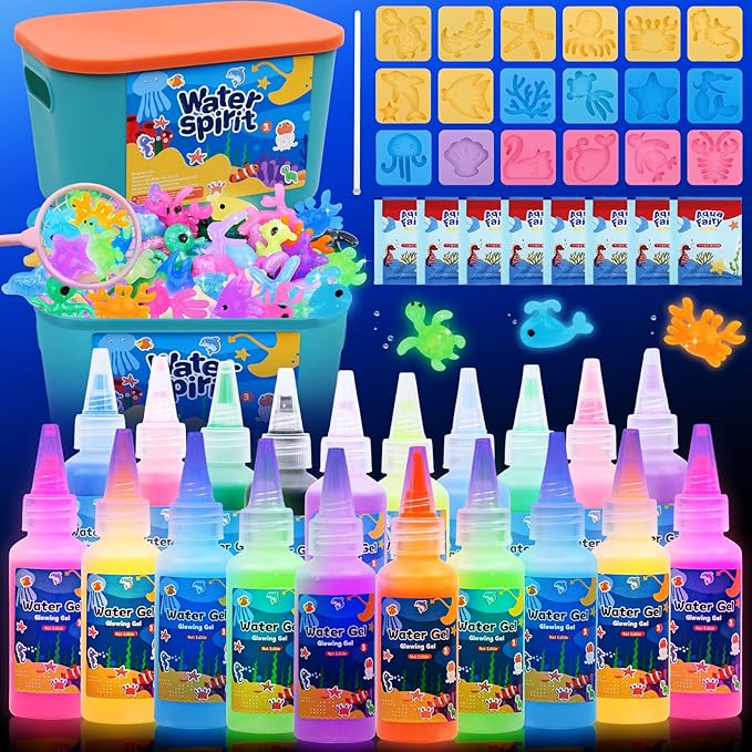 FTUREERA Glowing Magic Water Elf Toy Kit, Glowing in The Dark Aqua Fairy Water Elf, 20 Gels, 18 Sea Creature Molds, Squishy Maker Making Kit, Christmas Birthday Gifts, Crafts DIY for Kids