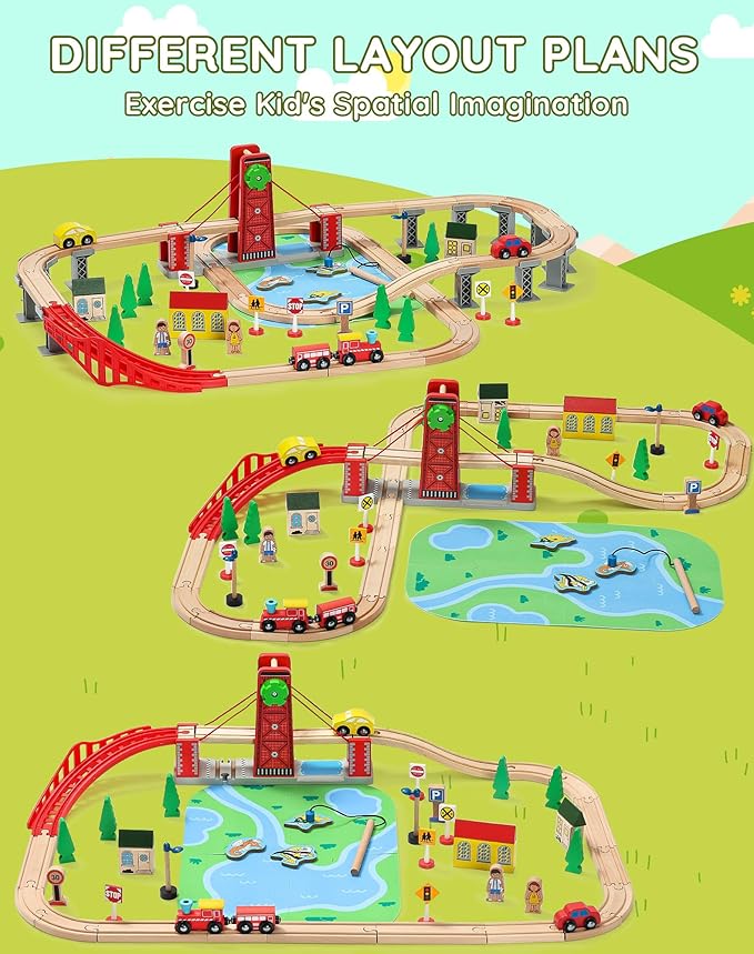 SainSmart Jr. Wooden Train Set for Toddler, Double-Side Wood Train Track with 4 Trains Fits Brio, Thomas, Melissa and Doug, Toy Railway Kit for Kids Ages 3+