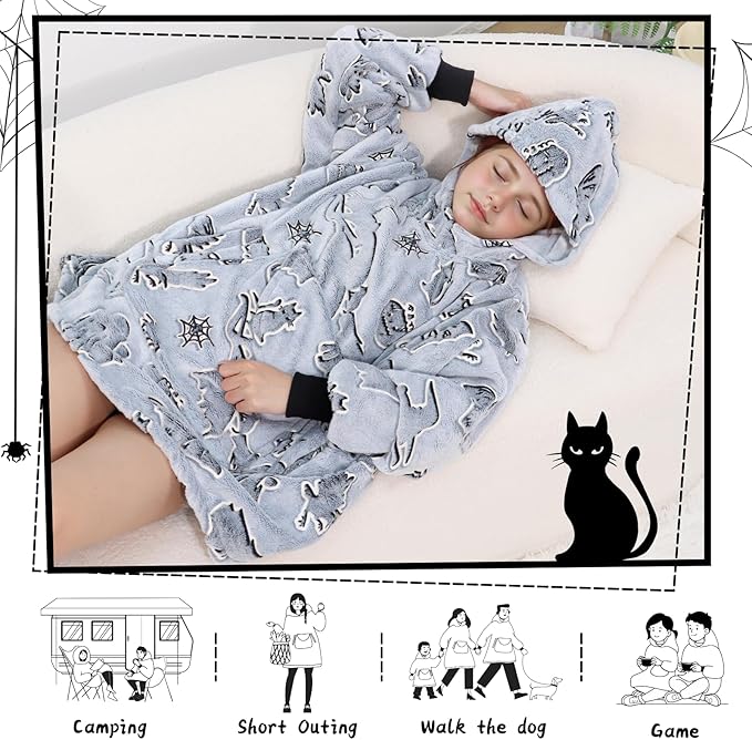REXEO Halloween Blanket Hoodie Gifts for Kids - Wearable Blankets for Toddler 6-10 Year Old, Halloween Birthday Gifts Decorations, Flannel Hooded Blanket with Larger Pocket for Boys Girls