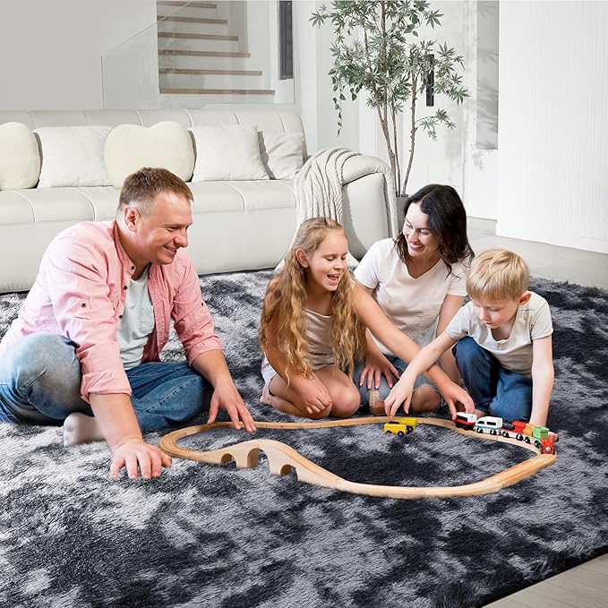 5X8 Ultra Soft Rug for Living Room, Fluffy Shag Area Rug for Bedroom, Modern Shaggy Carpets Fuzzy Rug for Teens Dorm Nursery Home Decor Aesthetic, Upgrade Anti-Skid Durable, Tie Dye Black and Grey