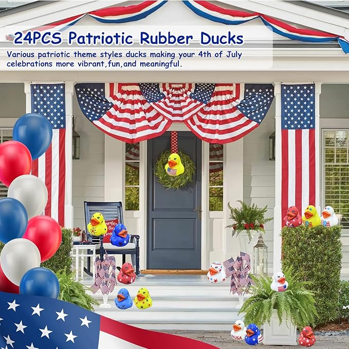24Pcs Patriotic Rubber Ducks,4th of July Rubber Ducks for Jeeps,USA Memorial Day Independence Day Party Favors,Mini Duck for Baby Showers Bath Toys Gifts