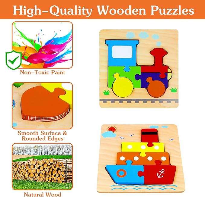 Wooden Puzzles Toys for Ages 2-4, Toddler Puzzles Toys Gifts for 1 2 3 Years Old Boys Girls, 6 Pack Vehicle Shape Montessori Learning Toy for Kids Babies Toddlers 1-3 2-3 12 18 Months