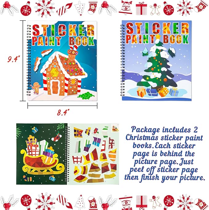 2PCS Christmas Crafts for Kids Ages 4-8 Sticker Paint Books - Includes Santa Clause Snowman Elf Gnome and More Designs Gift Party Create 22 Pictures