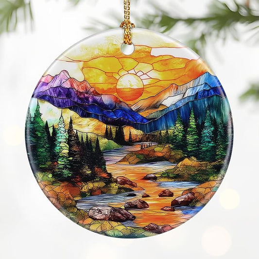 Mountain Range Ornament – Christmas Decoration & Christmas Ornament; Round Ceramic (Holiday Present, Bauble Present, Gift Idea, and Gift Exchange) | Heirloom Keepsake