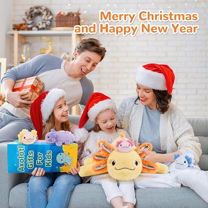 5 Pieces Axolotl Stuffed Animals with Babies Inside Belly - 1 Mommy Stuffed Axolotl with 4 babies - Yellow Axolotls Plush Toy for Kid Age 3-8, Gift Ideal for Christmas, Valentine's, Birthday