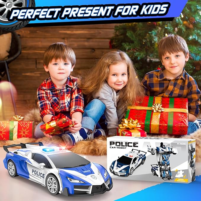 Remote Control Car, One-Button Transform Toys Car, 2.4GHz RC Cars 1:18 Scale, 360 Degree Rotation Police Car Toy Transforming into Robot Toy for Boys Girl Kids 4-7 8-12 6-8, Birthday