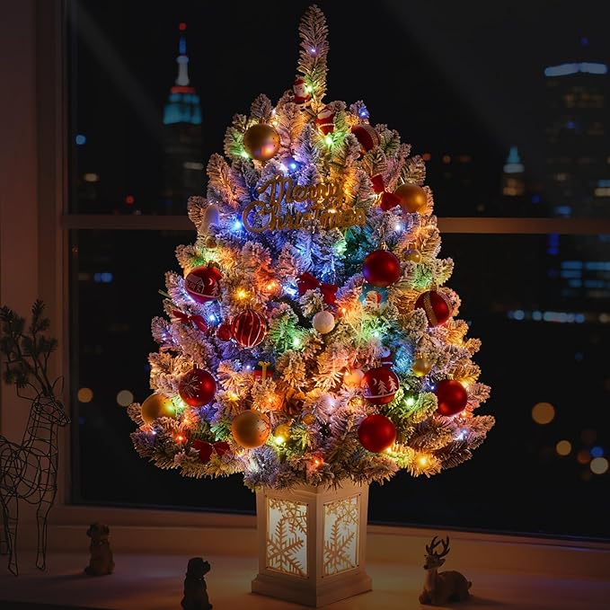 3FT Small Christmas Tree, Artificial Christmas Tree with 100 Lights & Lighting Base, Prelit Mini Tree for Christmas Decor,Tabletop Christmas Tree, 10 Modes Lighting Control, Timer Operated Operated