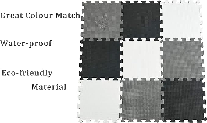 16 Pieces Foam Play Mat with Border, Interlocking Playmat Tiles, Foam Floor Mat Tiles for Kids, Puzzle Play Mats, Exercise Gym Mats – Color of Black & Grey & White