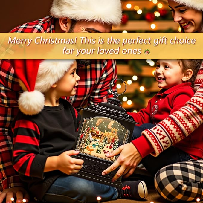 Musical Christmas Snow Globe Lantern with Flying Santa, Swirling Glitter Lighted Water Lantern, 6H Timer, USB or Battery Powered Holiday Decoration