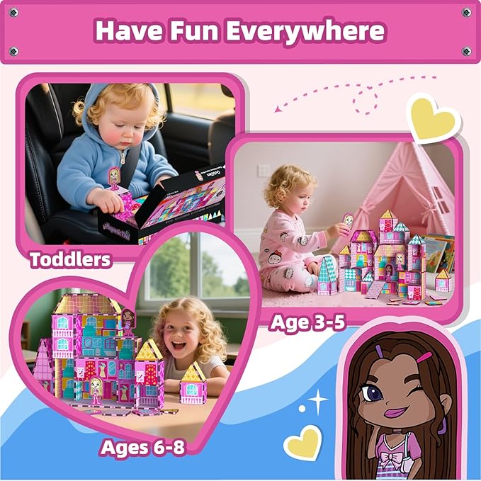 GobiDex Princess Magnetic Doll House Building Toys for Girls 3+, Pink Magnet Tiles for Kids Ages 4-8 STEM Sensory Toys for Toddlers Birthday Gifts for Girls 3+ Year Old