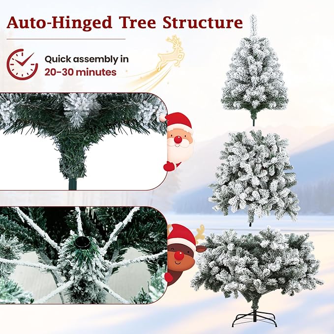 6ft Snow-Flocked Artificial Christmas Tree, Premium Unlit Holiday Xmas Tree for Home Office Party Decoration with 800 PVC Hinged Branch Tips, Foldable Stand, Green&White