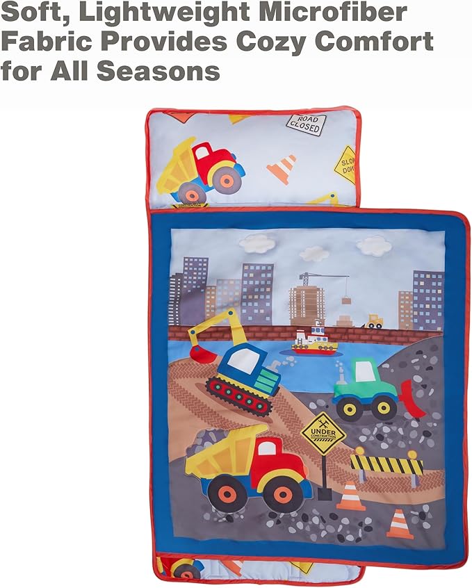 EVERYDAY KIDS Toddler Nap Mat with Removable Pillow -Under Construction- Carry Handle with Fastening Straps Closure, Rollup Design, Soft Microfiber for Preschool, Daycare, Sleeping Bag -Ages 2-6 years