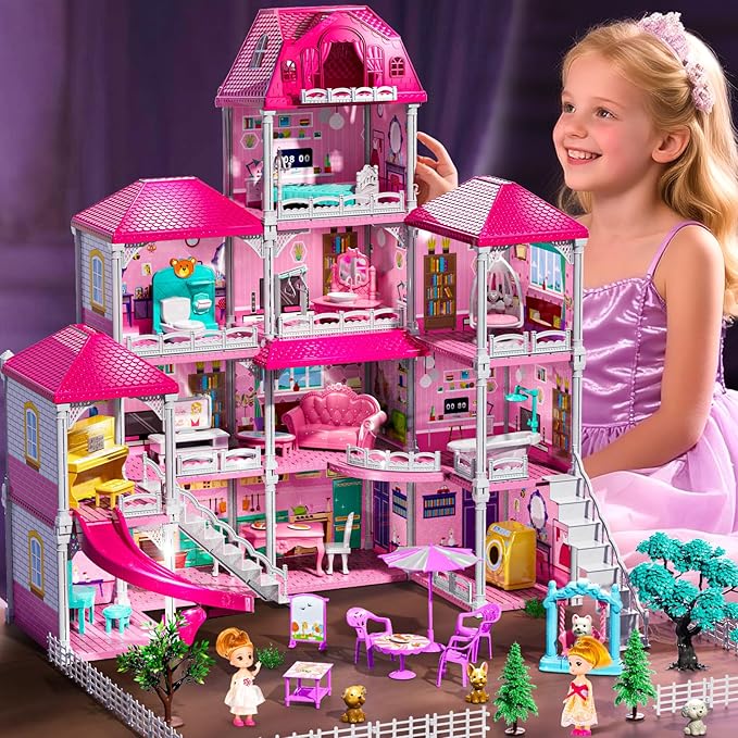4-Storey House for Girls Ages 3-7, Villa Playset with 2 Dolls and 12 Room, Furniture and Accessories, Pretend Indoor Playset Toddler Toys, Birthday Girls Toys for Ages 4-8 6-8
