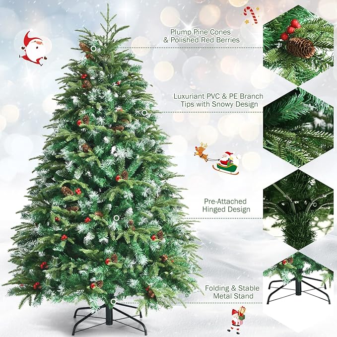 GOFLAME 5ft Pre-Lit Artificial Christmas Tree, Realistic Xmas Tree w/ 581 Branch Tips, 250 Multi-Color LED Lights, 28 Pinecones & Red Berries, Pine Tree w/ 11 Flash Modes for Holiday Decoration
