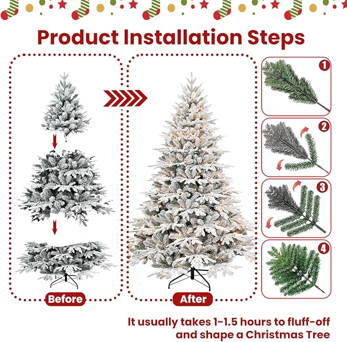 9ft Prelit Flocked Artificial Christmas Tree with 5242 PE PVC Tips, Premium Snow Pre-Lit Holiday Xmas Tree with 1050 UL Incandescent Lights, Foldable Base for Home Office Part