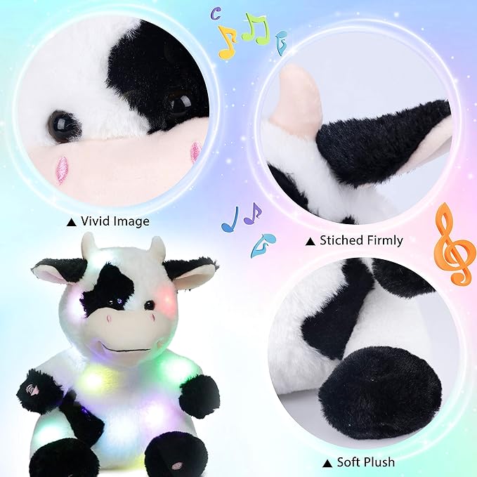 Hopearl LED Musical Stuffed Cow Lighting Up Singing Plush Toy Adjustable Volume Lullaby Animated Soothe Birthday Festival for Kids Toddler Girls, 13''
