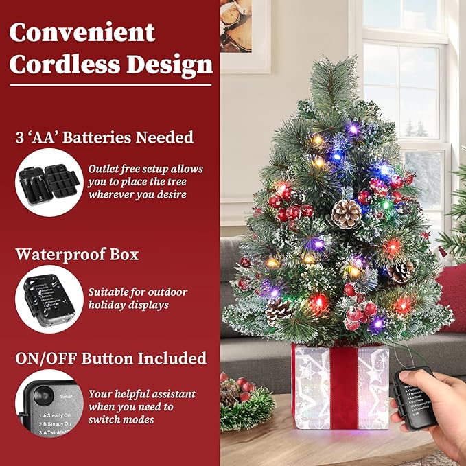 Brightever Small Christmas Tree, 2FT Prelit Mini Christmas Tree with 50 Multi-Color LED Lights, Unique Gift Box Base, Battery Operated Little Xmas Tree for Table Top, Pinecone & Berries Included